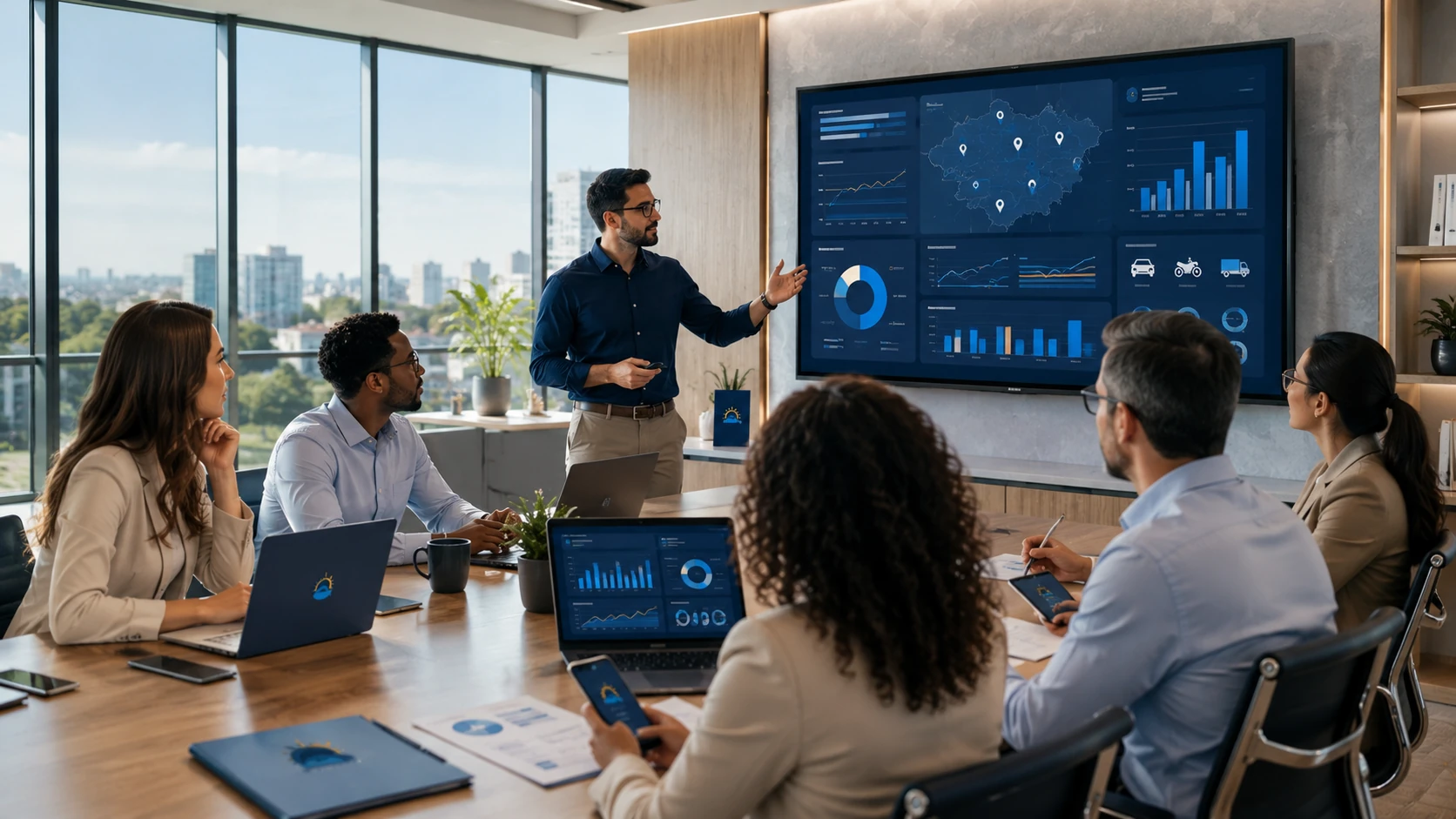 Equipe corporativa utilizando soluções FreeVus